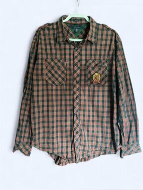 Tommy Hilfiger Trim Fit Plaid Button Down Shirt Crest Logo XL